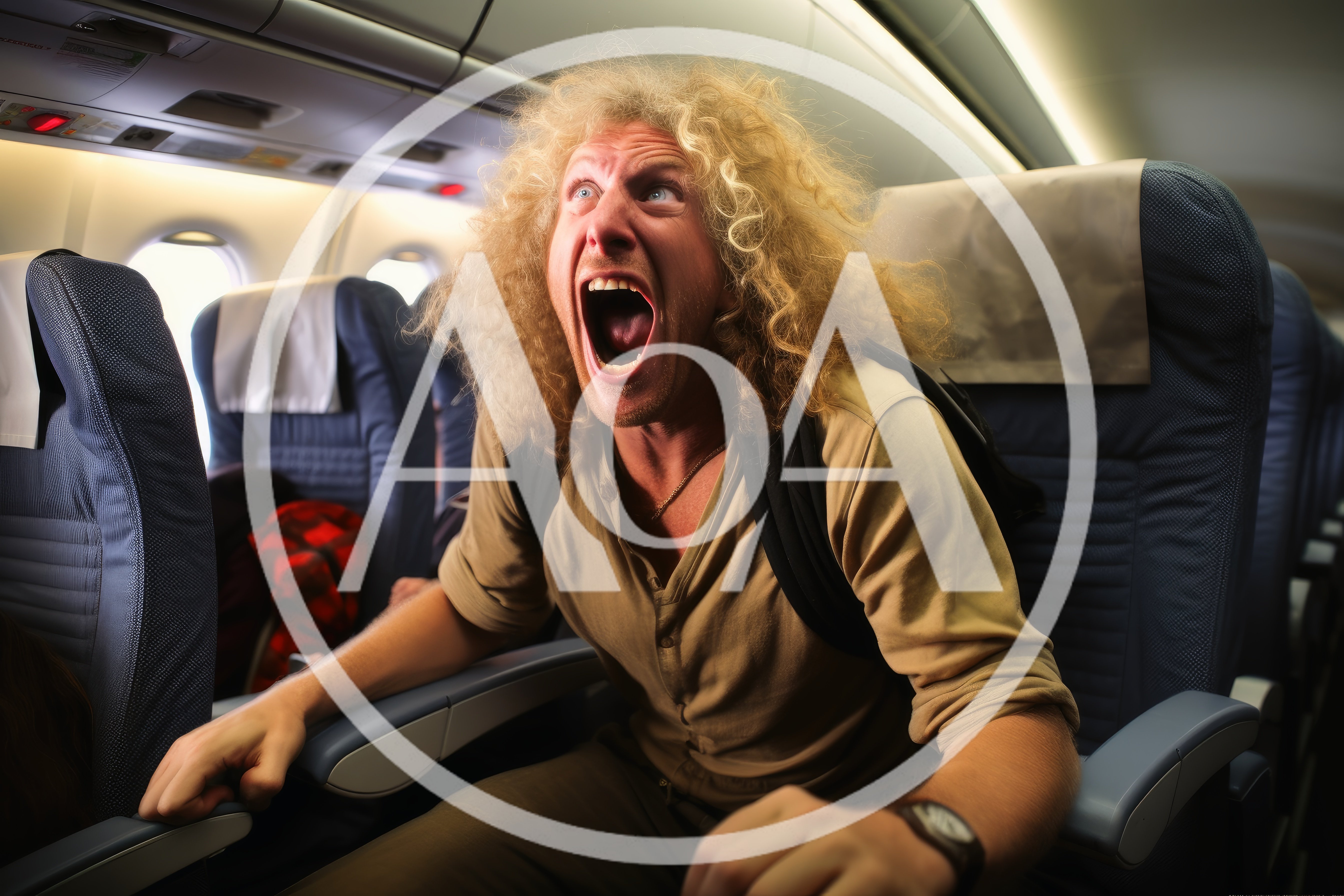 Man With Curly Hair Screaming In Airplane Seat