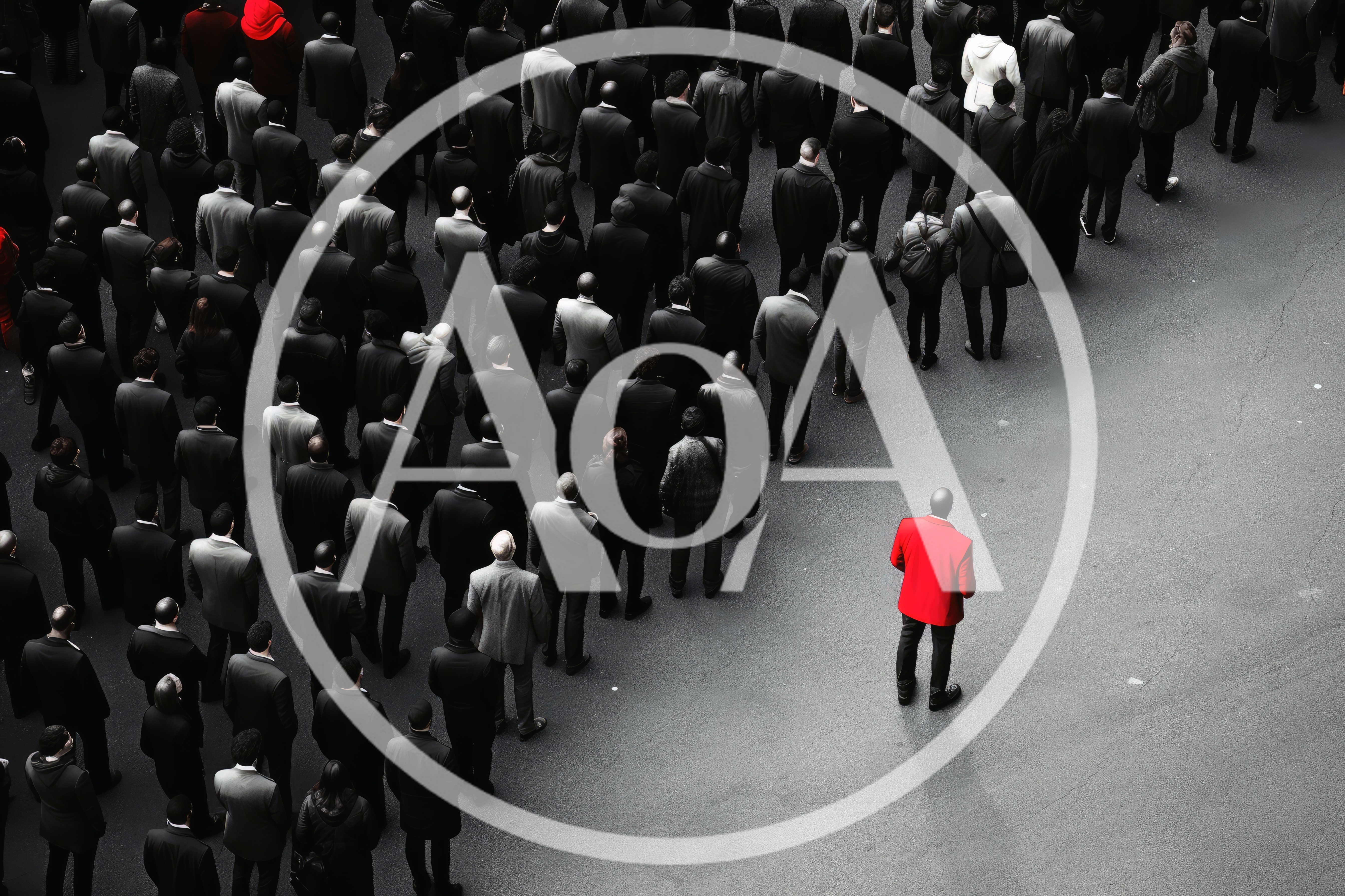 Lone Man In Red Jacket Standing Apart From Crowd