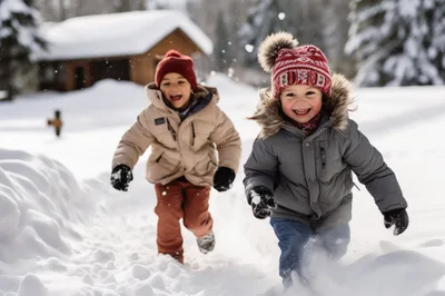 Two Happy Children Running Through Deep Snow