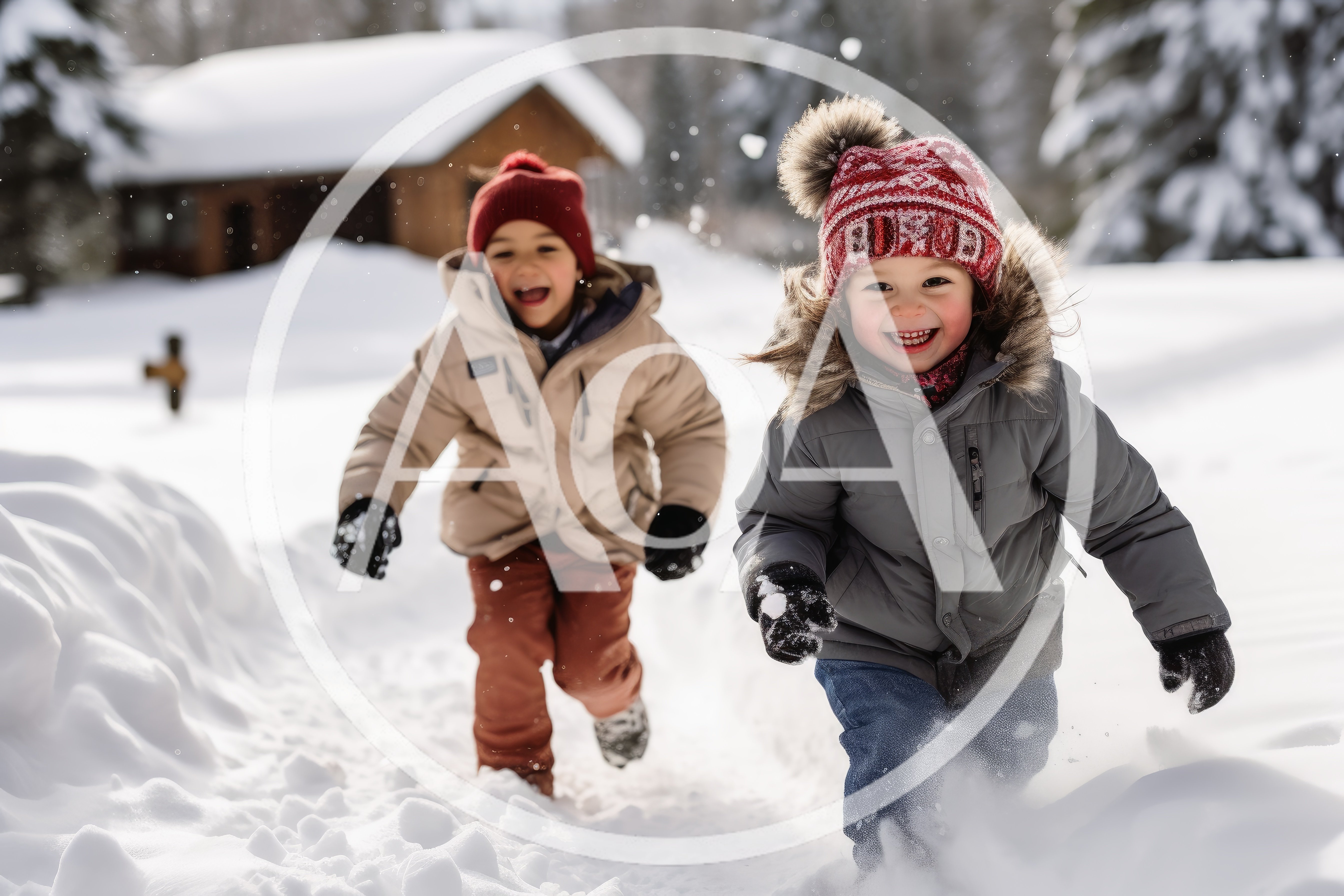 Two Happy Children Running Through Deep Snow