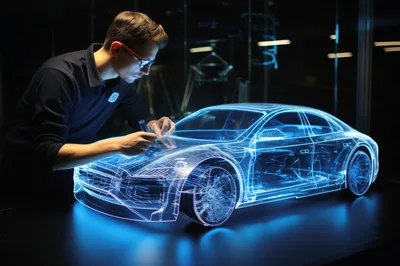 Automotive Designer Working On Holographic Car Model