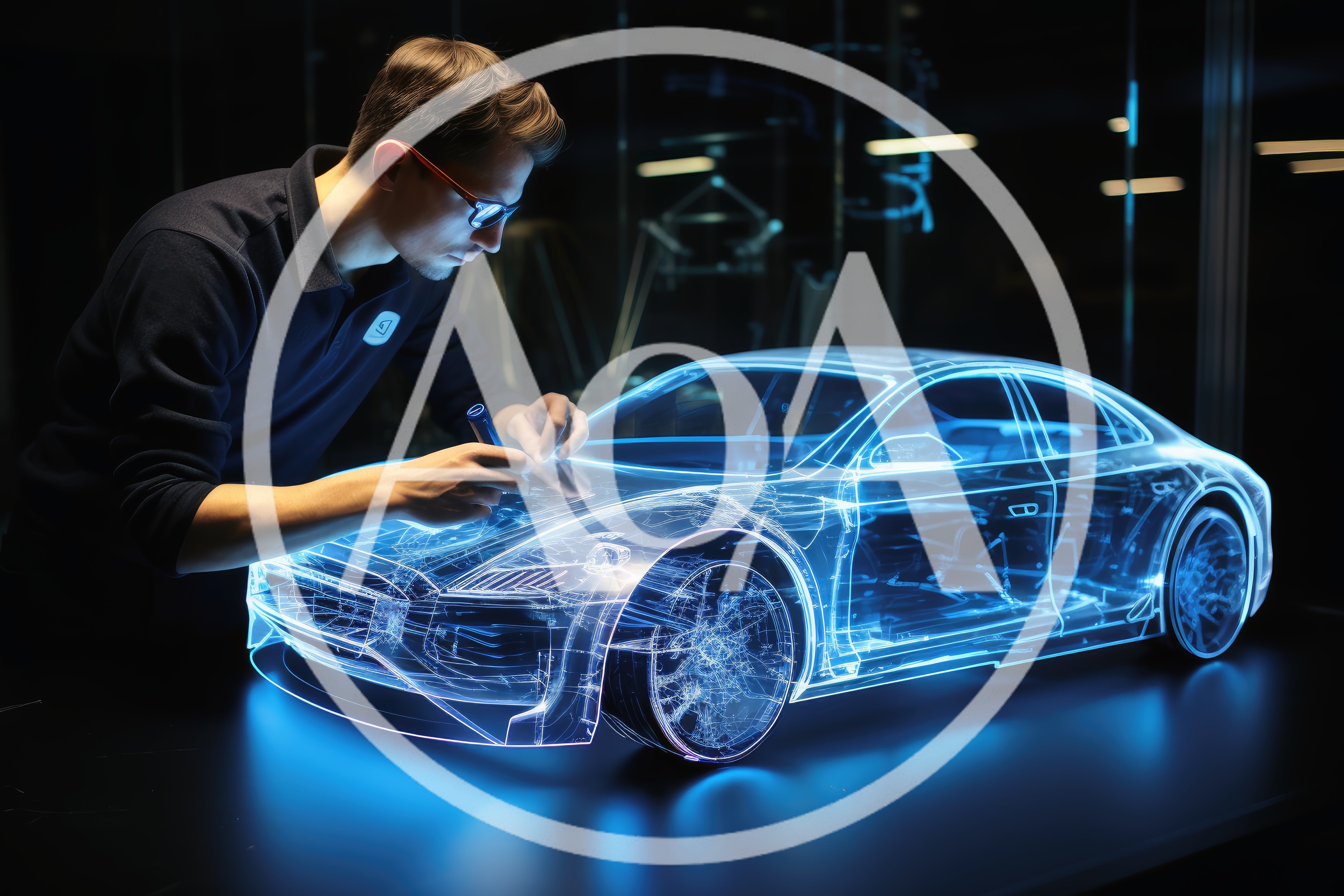 Automotive Designer Working On Holographic Car Model