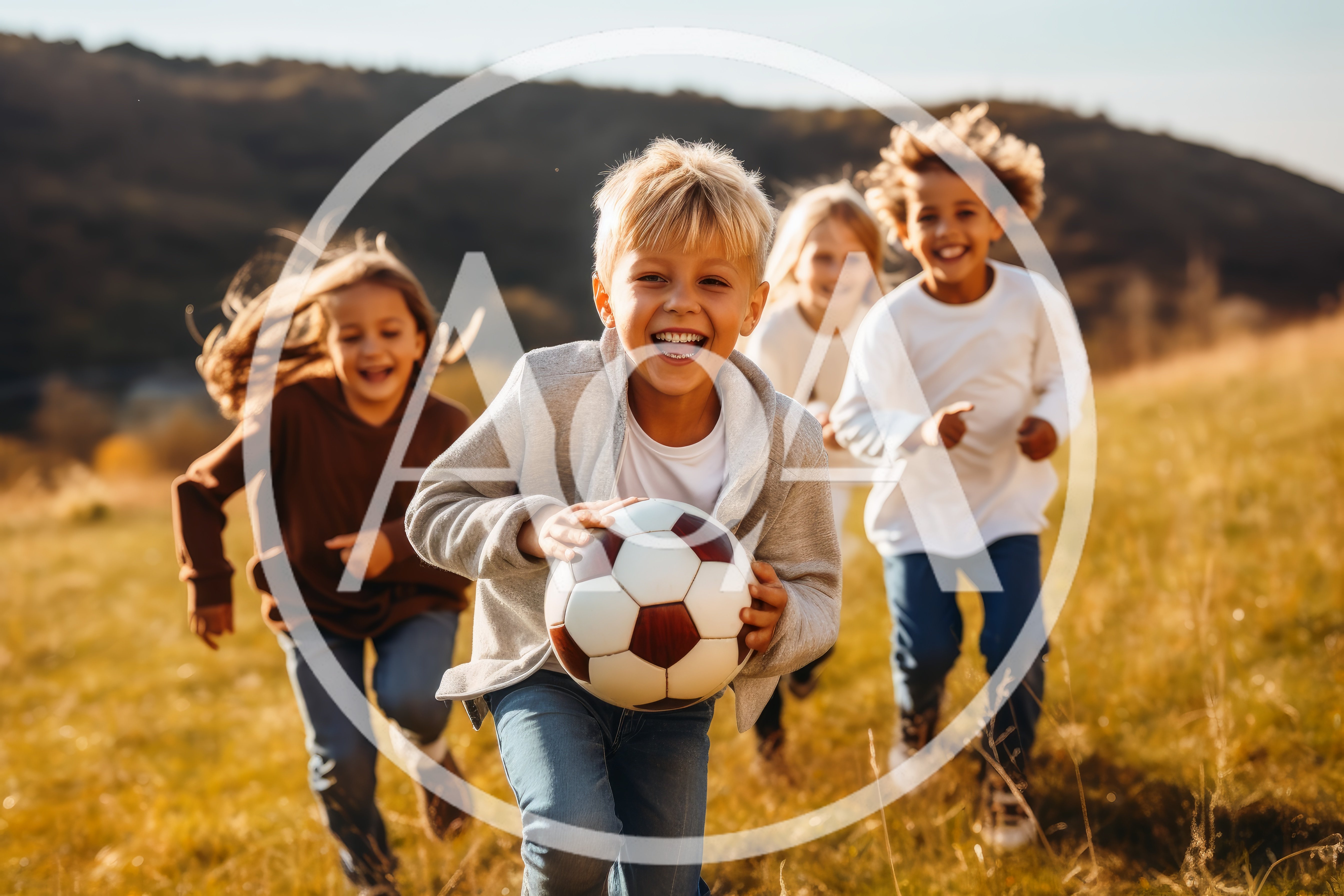 Group of Happy Children Running with Soccer Ball