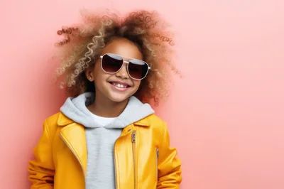 Smiling Young Girl With Curly Hair Wearing Sunglasses
