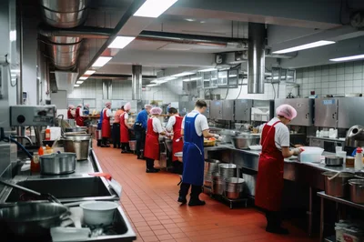 Commercial Kitchen Staff Preparing Food In Industrial Facility