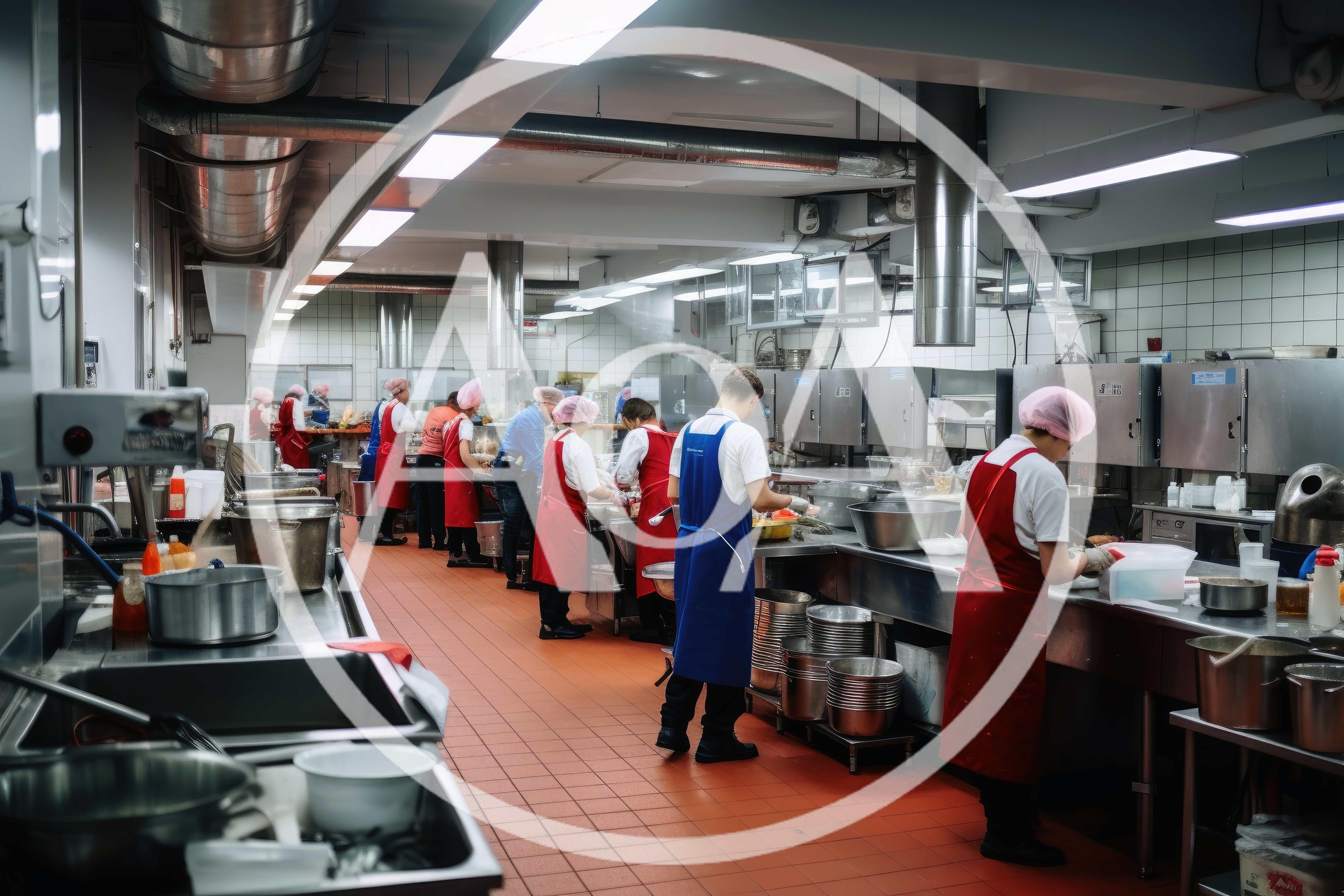 Commercial Kitchen Staff Preparing Food In Industrial Facility