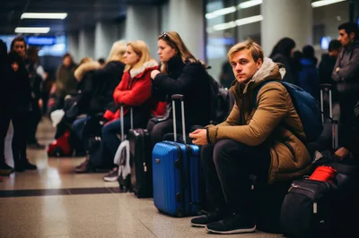 Travelers Waiting In A Busy Airport Terminal