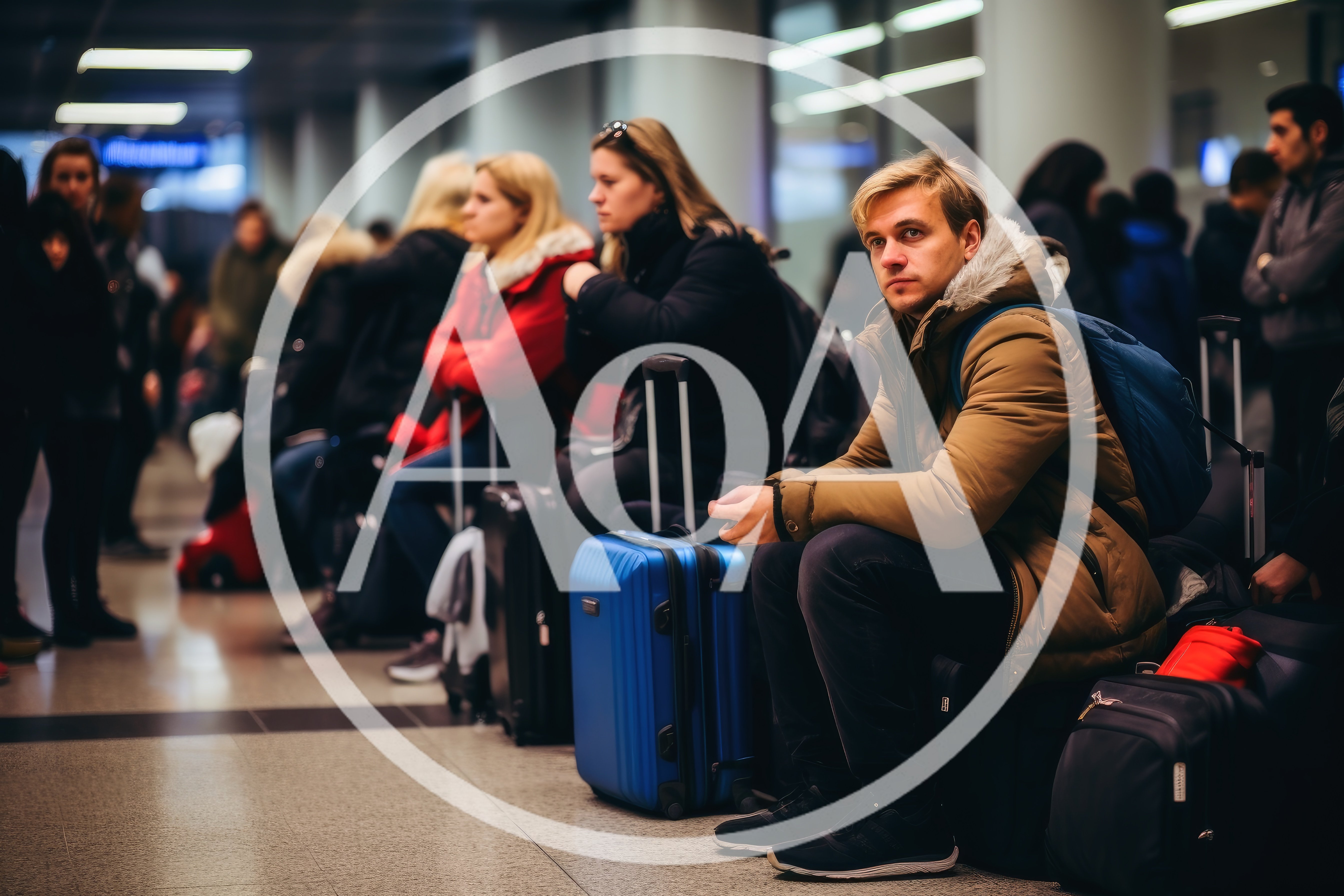 Travelers Waiting In A Busy Airport Terminal