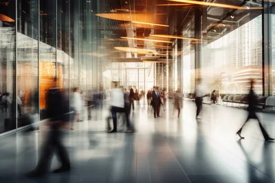 Blurred Commuters Walking Through Modern Glass Office Lobby