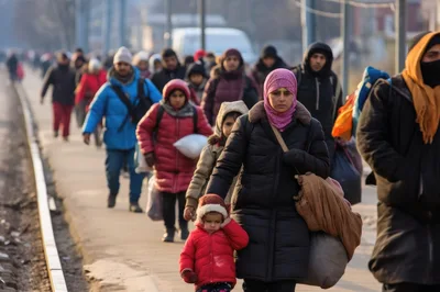 Refugee Families Walking Along Train Tracks