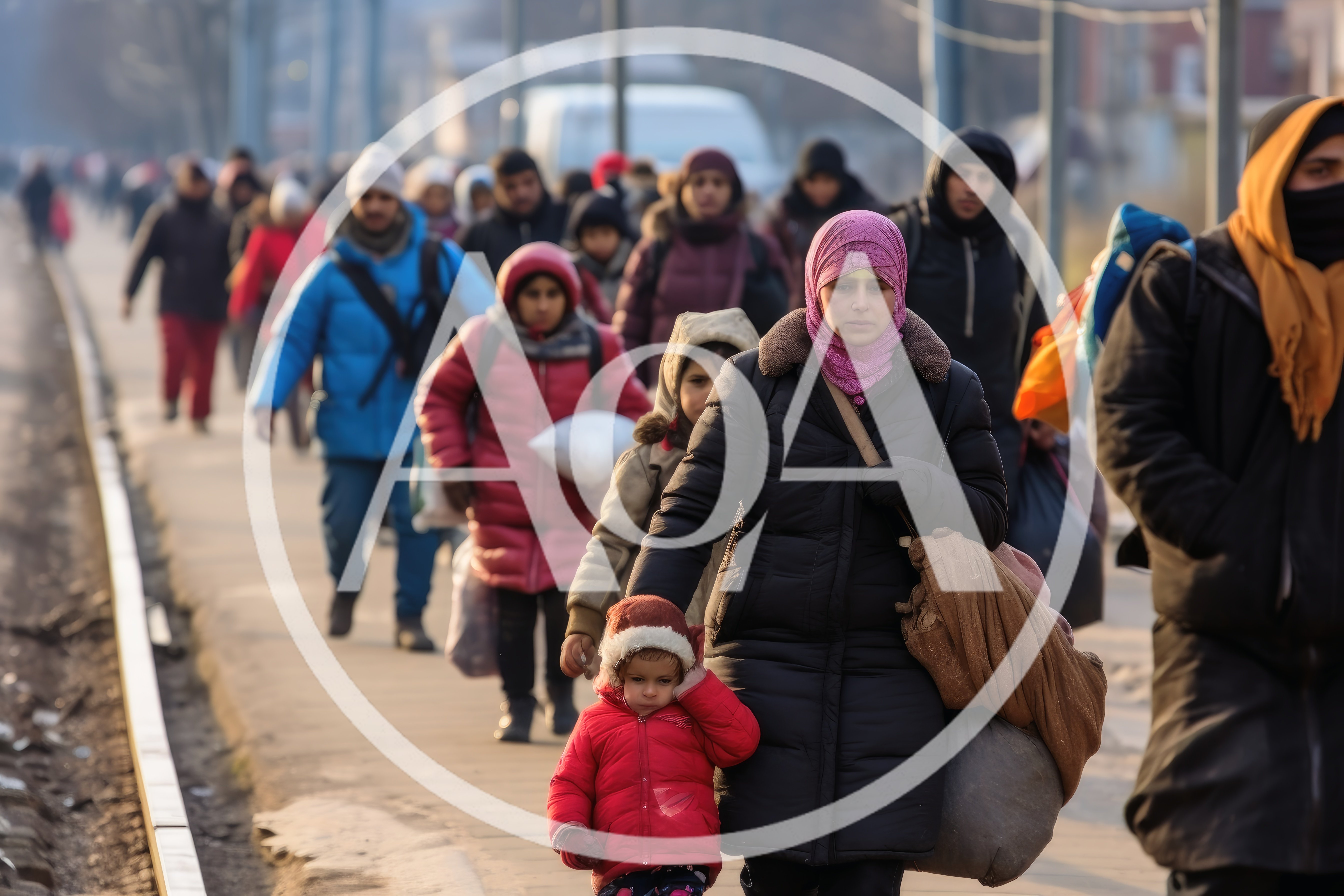 Refugee Families Walking Along Train Tracks