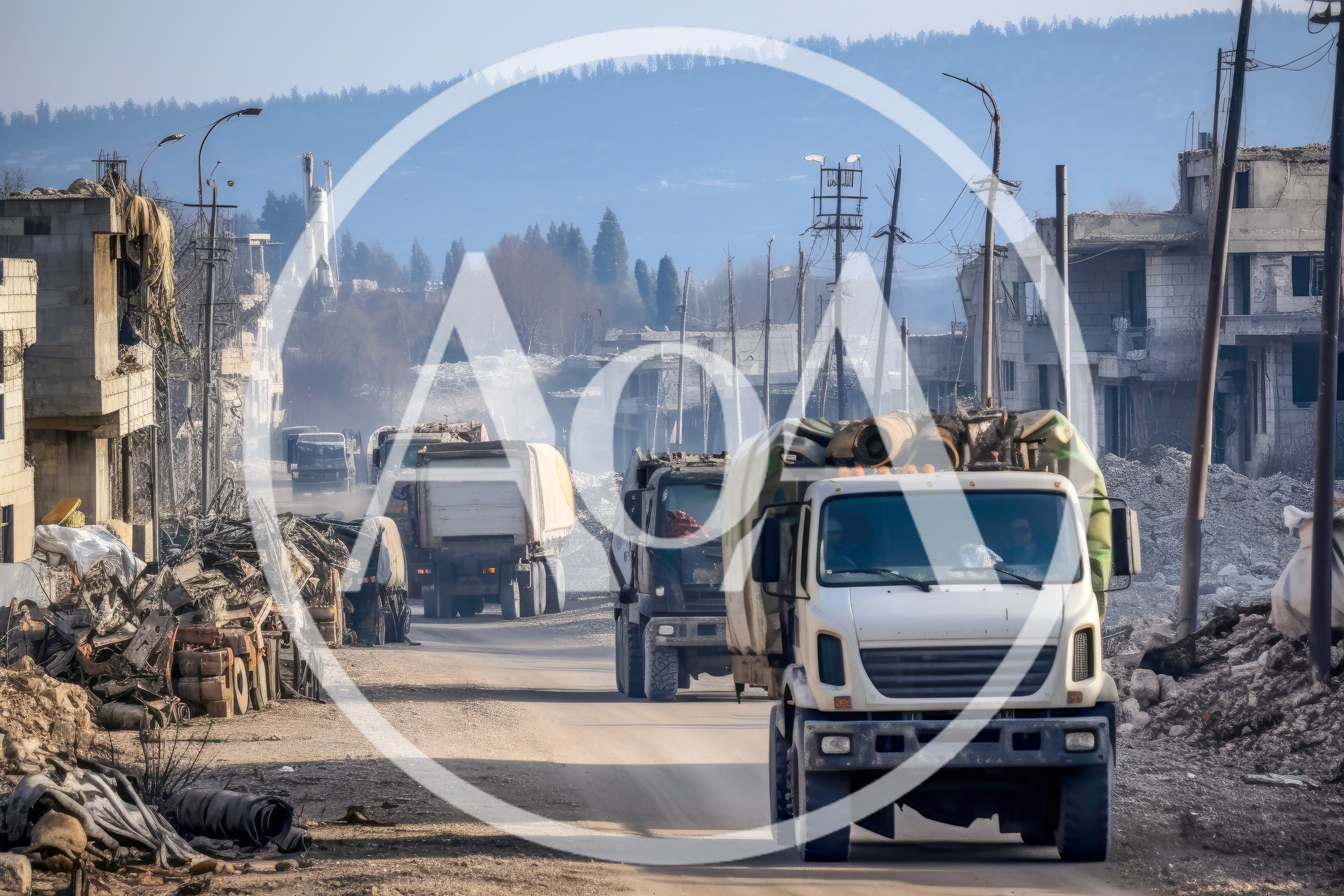 Military Convoy Driving Through War Torn City Ruins