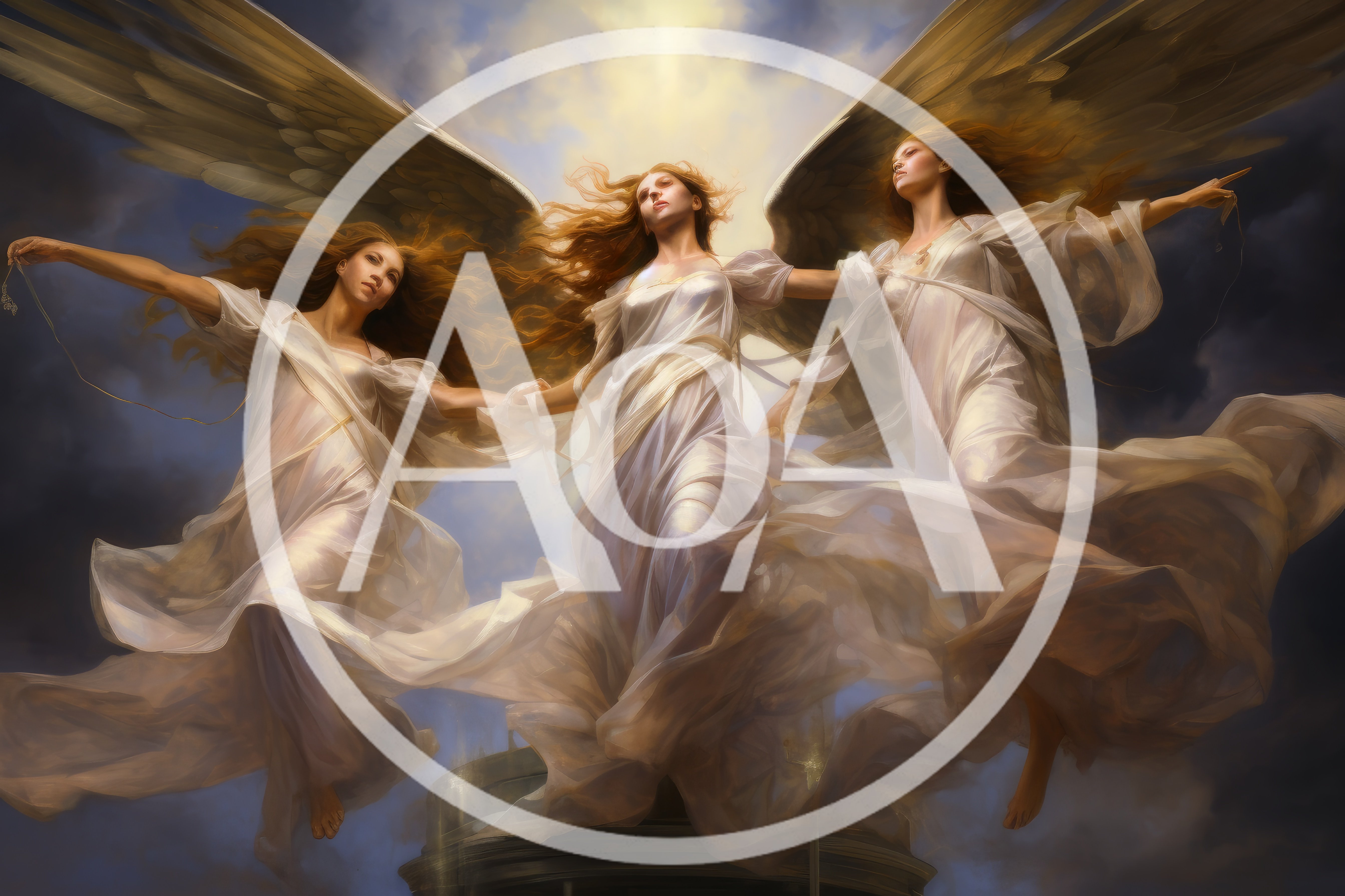 Three Ethereal Angels Floating In A Dramatic Sky