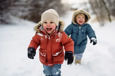Two Happy Children Running Through Snowy Landscape