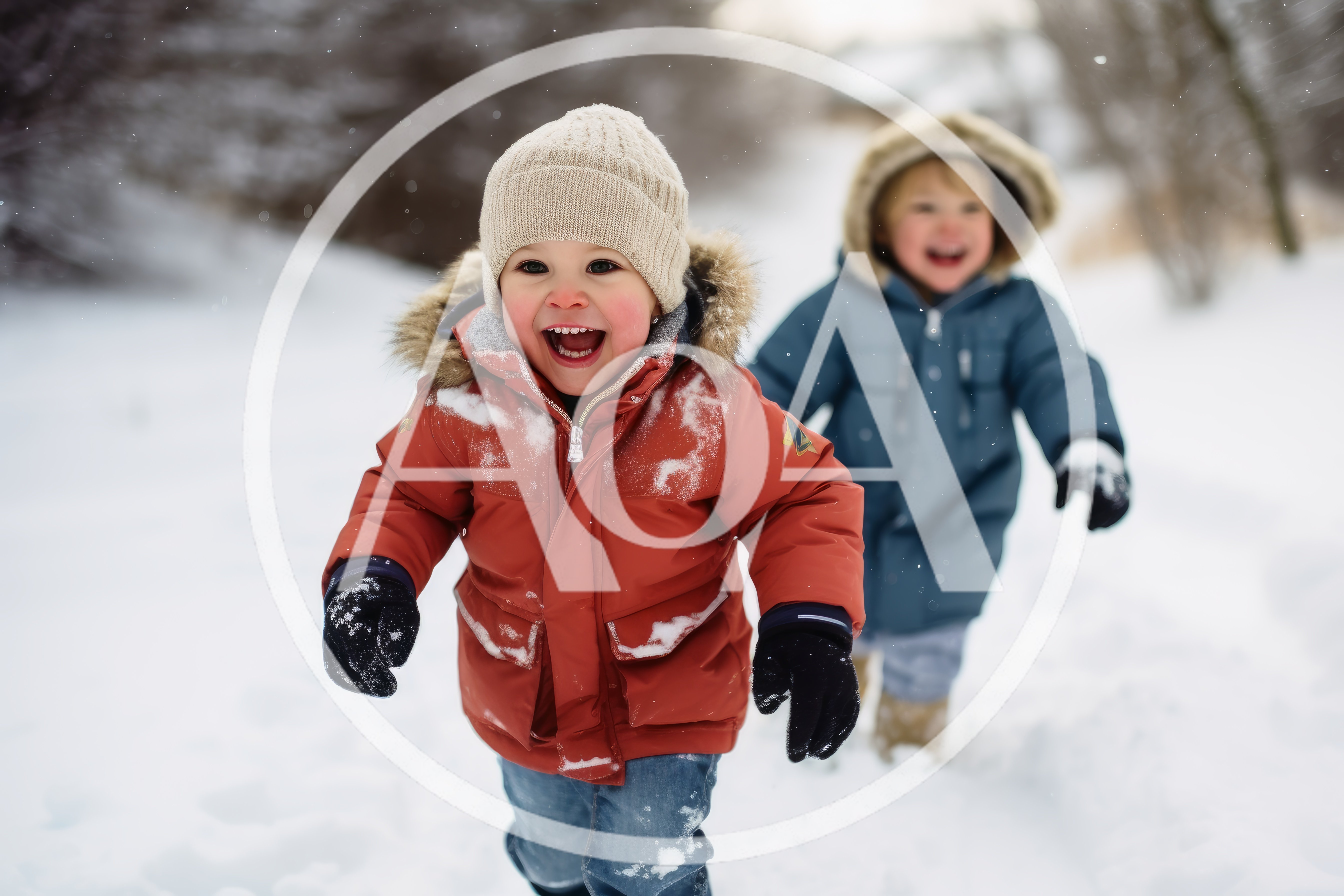 Two Happy Children Running Through Snowy Landscape