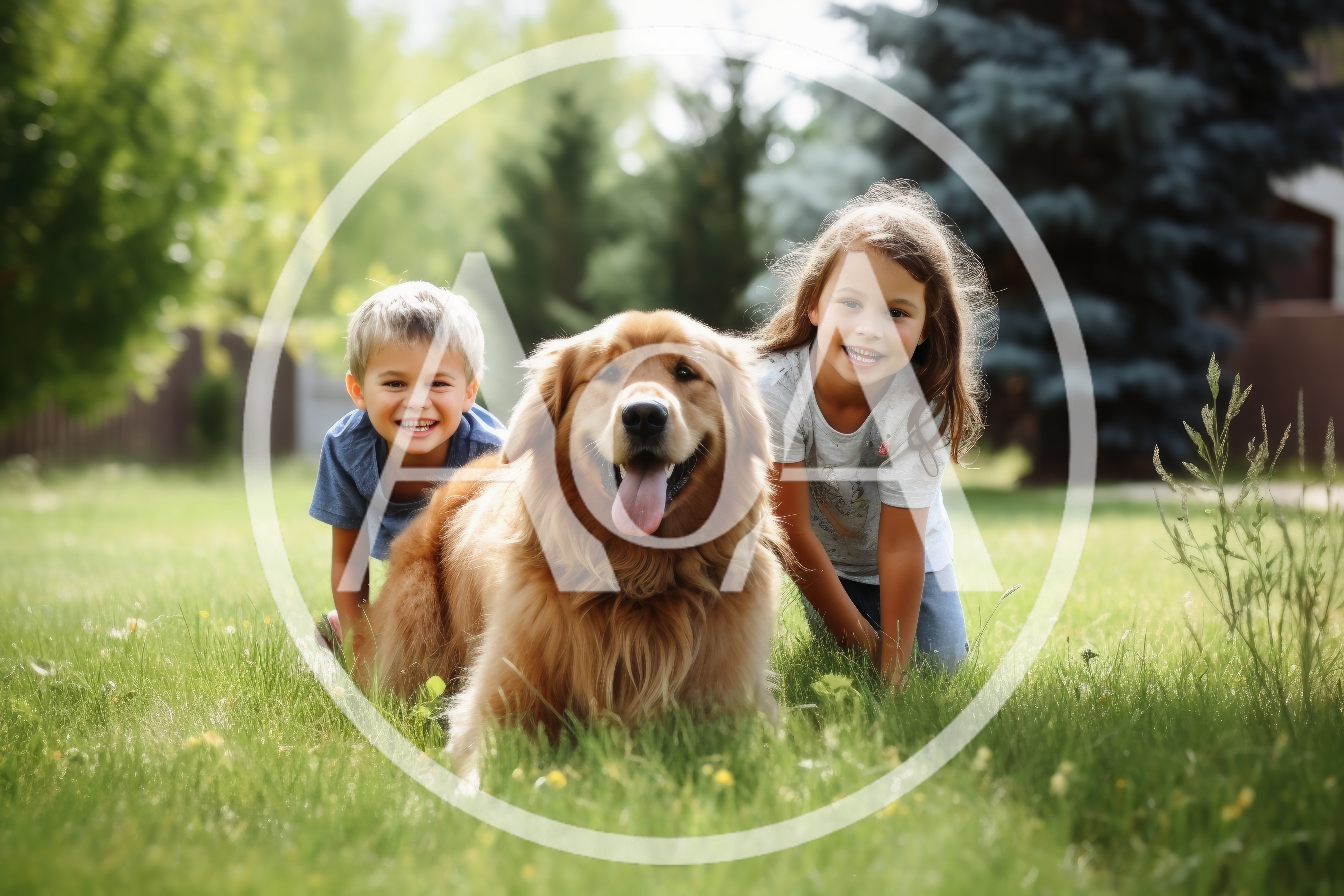 Happy Children Playing With Golden Retriever In Sunny Park