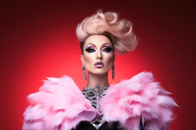 Drag Queen With Elaborate Pink Hair And Feathers