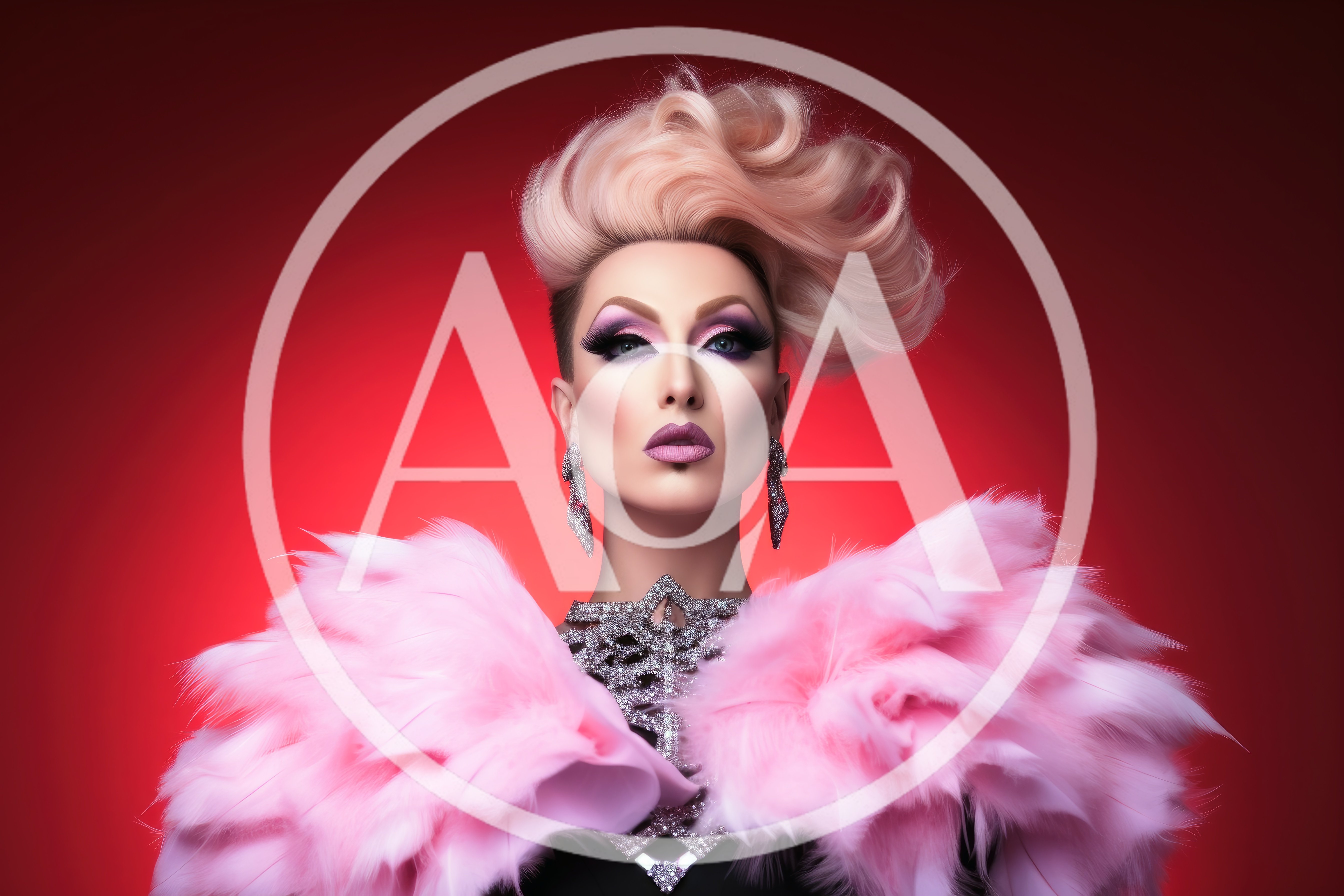 Drag Queen With Elaborate Pink Hair And Feathers