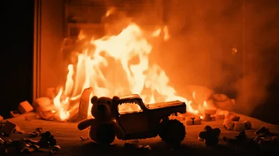 Toy Truck And Teddy Bear Burning In Intense Fire
