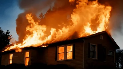 House Engulfed In Intense Flames At Night