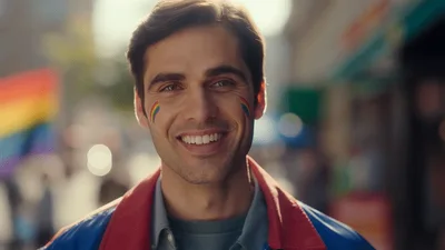 Smiling Man With Rainbow Face Paint At Pride Parade