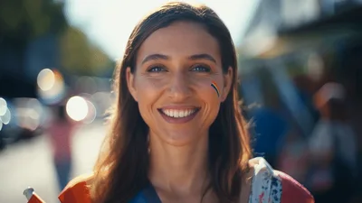 Smiling Woman With Rainbow Pride Flag At Parade