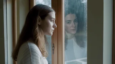 Pensive Young Woman Looking Out Rainy Window