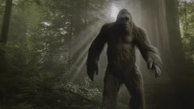 Bigfoot Standing In A Misty Redwood Forest