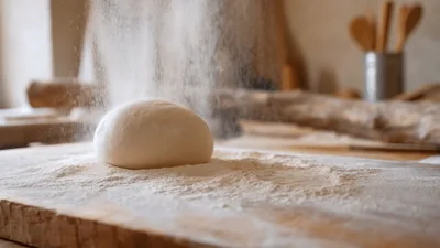 Fresh Dough Ball Falling Onto Floured Wooden Surface