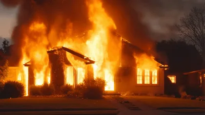 Residential House Engulfed In Intense Nighttime Fire