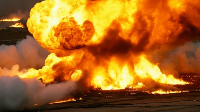 Massive Industrial Explosion Creating Large Fireball And Smoke