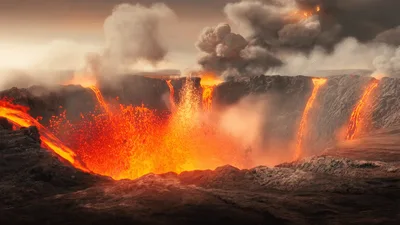 Volcanic Eruption With Lava Flows And Lightning Strikes