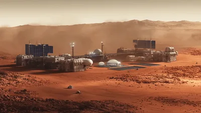 Futuristic Mars Colony Base With Rovers On Red Planet