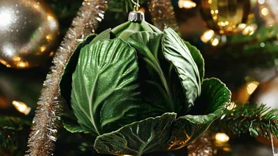 Cabbage Shaped Christmas Ornament Hanging On A Tree