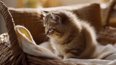 Fluffy Tabby Kitten Sitting Inside A Wicker Basket