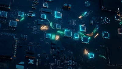 Digital Circuit Board With Glowing Data Flow