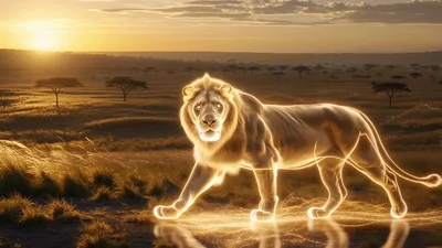 Glowing Ethereal Lion Walking Through African Savanna