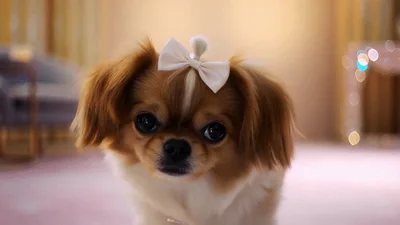 Cute Small Dog With Bow Tilting Head And Waving