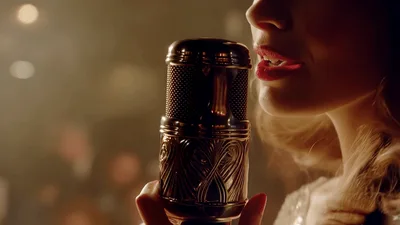 Elegant Woman Singing Into A Vintage Gold Microphone