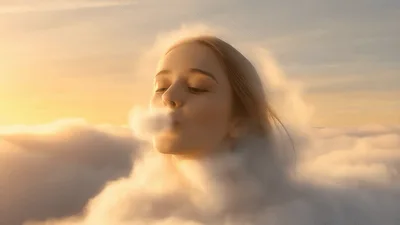 Surreal Woman Emerging From Clouds Blowing Mist