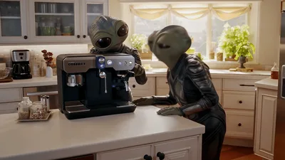 Two Aliens Interacting With A Modern Coffee Machine