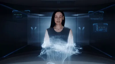 Woman Dissolving Into Digital Particles In Futuristic Laboratory