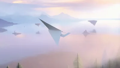 Paper Airplane Flying Through Surreal Landscapes