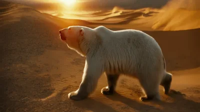 Polar Bear Walking Across A Vast Desert Landscape