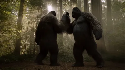 Two Large Gorillas Walking Through A Misty Forest