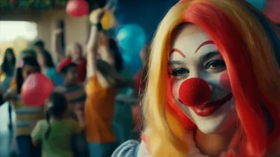 Young Woman Wearing Clown Makeup Smiling At Birthday Party