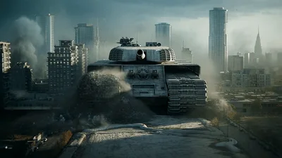 Massive Futuristic Tank Crushing Building In Urban Landscape