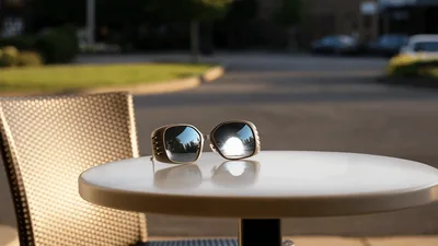 Nuclear Explosion Reflection In Sunglasses On Outdoor Table