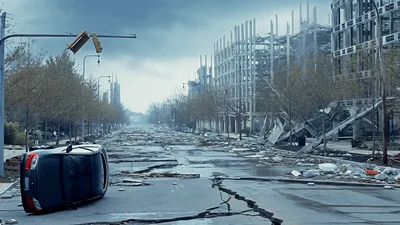 Post-Apocalyptic City Street With Overturned Car And Destruction
