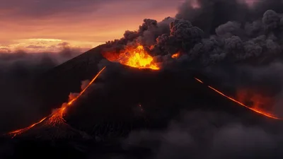 Volcanic Eruption With Lava Flows And Ash Clouds